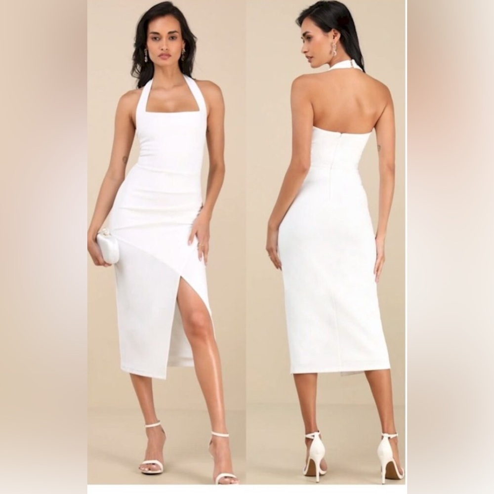 Lulu's White Halter Midi Dress with Front Slit